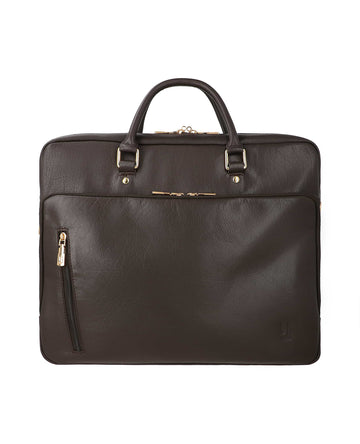 Executive leather bag with multiple compartments, padded laptop section, and detachable shoulder strap.