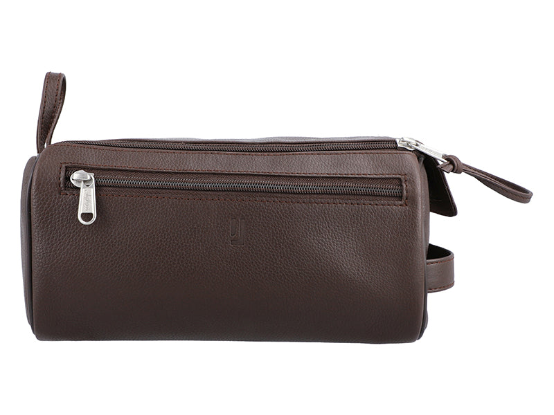 Spacious leather toiletry case.