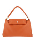 orange leather handbag with woven handle