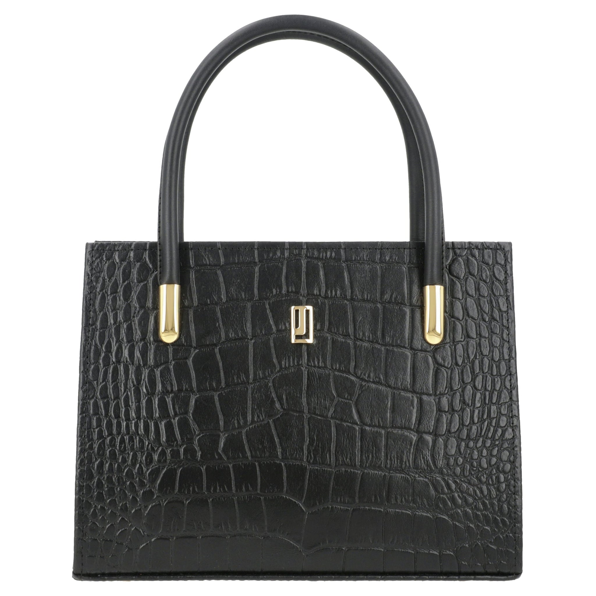 Leather Calla Lily handbag with crocodile stamp, zippered section, and double shoulder straps.