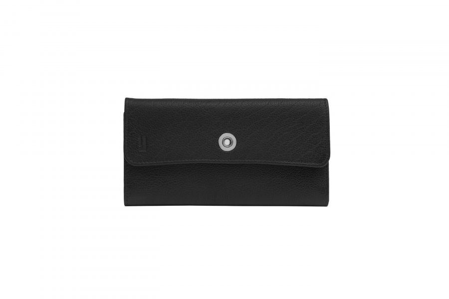 Large wallet with eyelet closure.