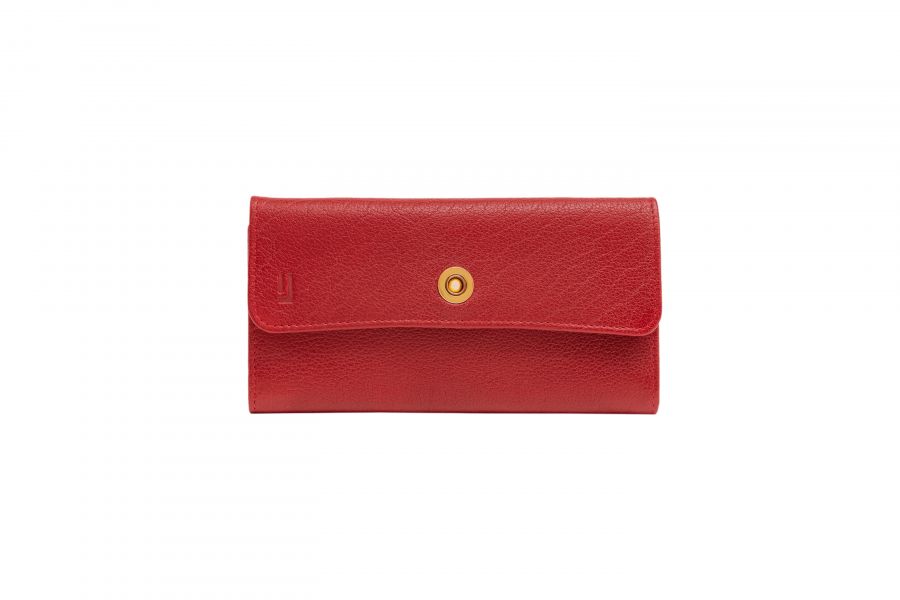 Large wallet with eyelet closure.