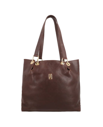 Classical leather tote bag with gold fittings.