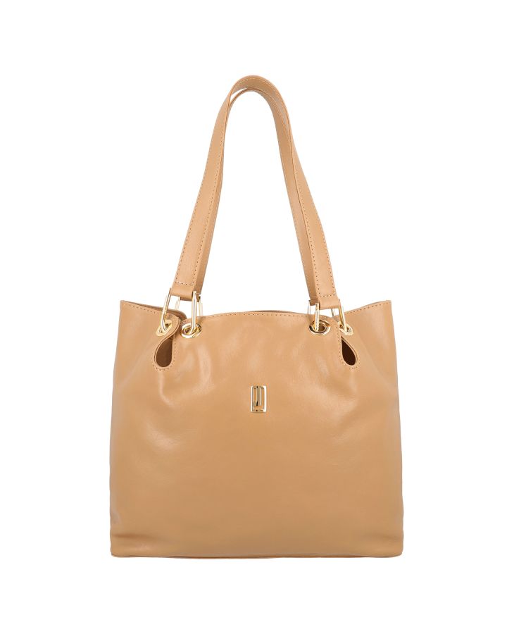 Classical leather tote bag with gold fittings.