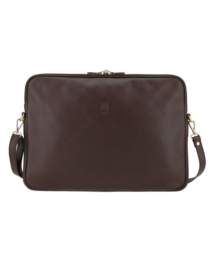 Sleek leather laptop bag with top zipper.