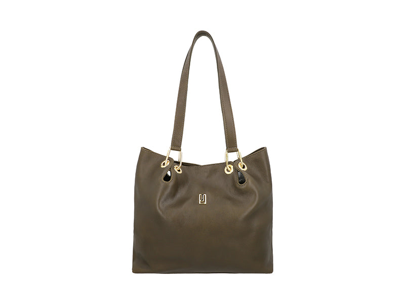 Classical leather tote bag with gold fittings.