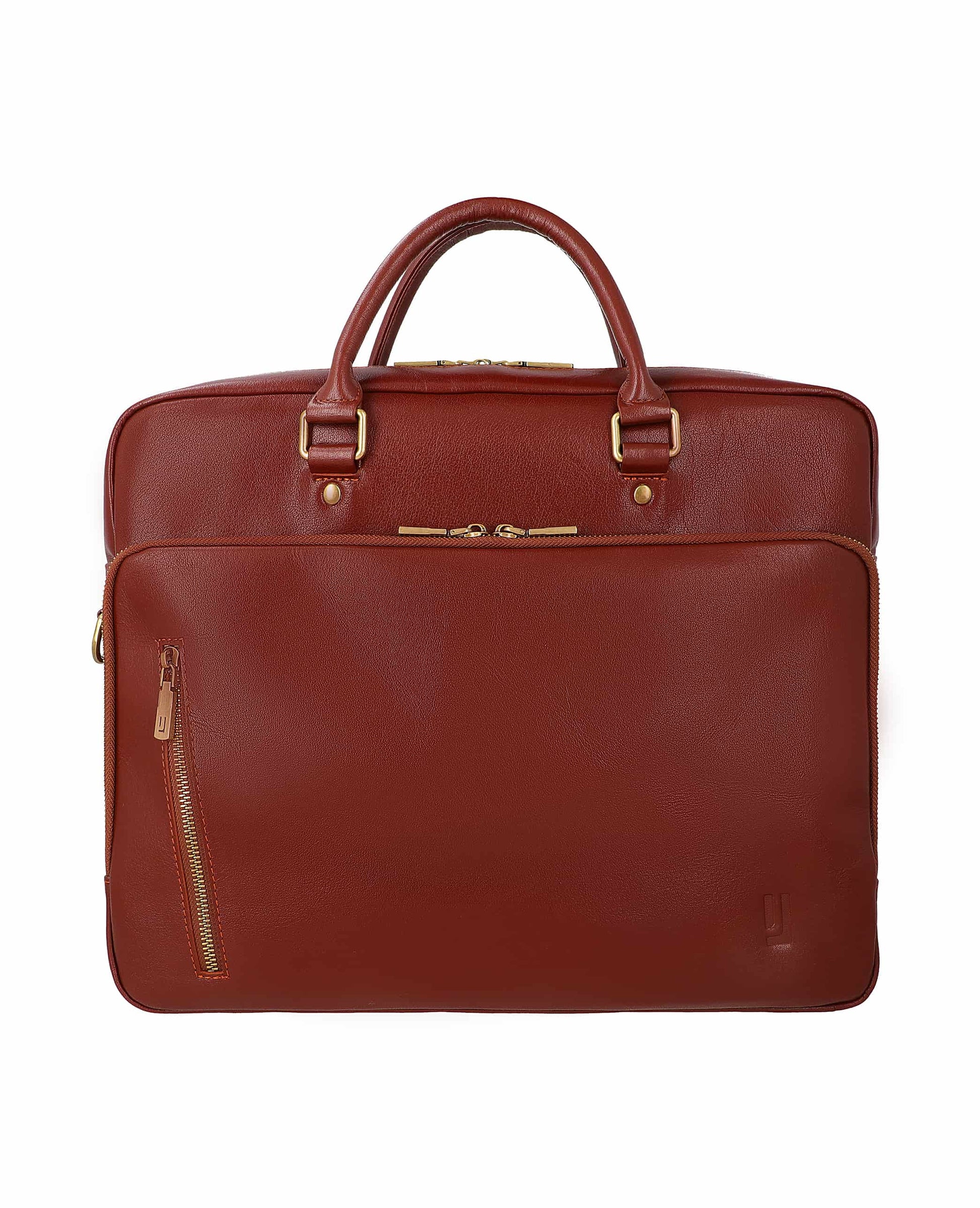 Executive leather bag with multiple compartments, padded laptop section, and detachable shoulder strap.
