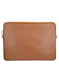 Leather laptop bag with zipper and strap.
